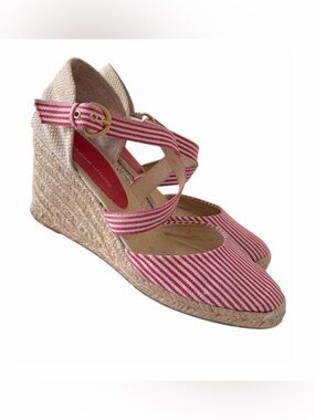 Adrienne Vittadini Brianna Red Striped Espadrille Wedge Sandal Women's 9.5